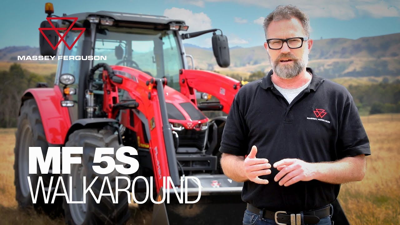 Video walkaround of the Massey Ferguson MF 5S highlighting loader‑friendly design, sloped bonnet for unrivaled visibility, hydraulics, rear linkage and cab controls.