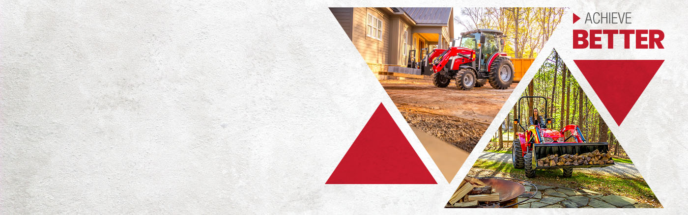 Massey Ferguson compact tractor with front loader moving materials on a property, highlighting versatility and everyday productivity.